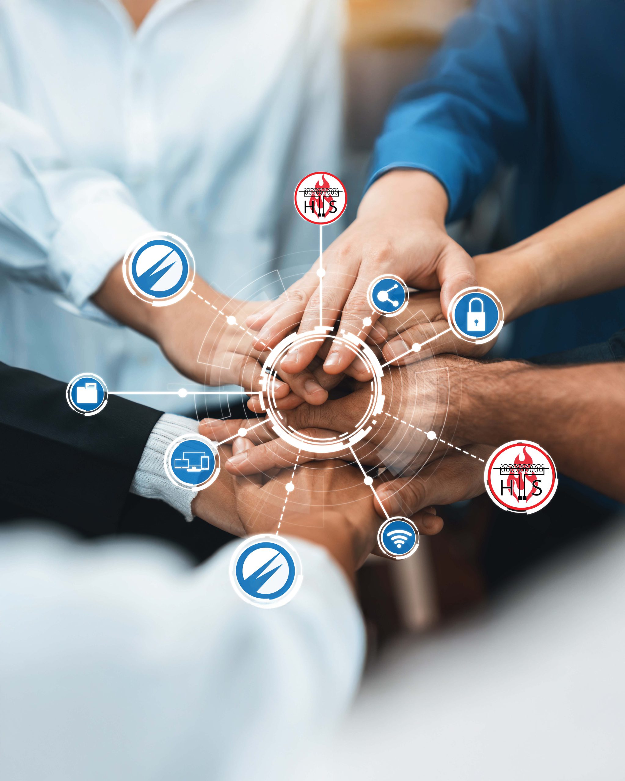 Collaborative Computing: Hands Uniting with Digital Technology Symbols Representing Connectivity, Security, and Innovation in a Modern Workspace